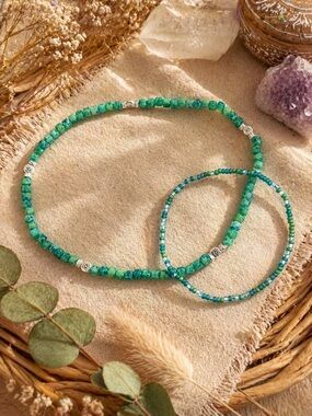 Earthy Hippie Beaded Choker & Anklet Set | Green Boho Jewelry Duo 11”